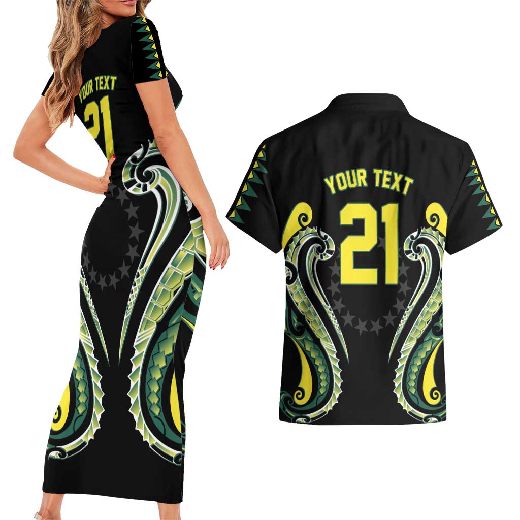 Custom Rugby Cook Islands Avaiki Couples Matching Short Sleeve Bodycon Dress and Hawaiian Shirt Black Kuki Airani Tribal Maori Inspired - Polynesian Pride
