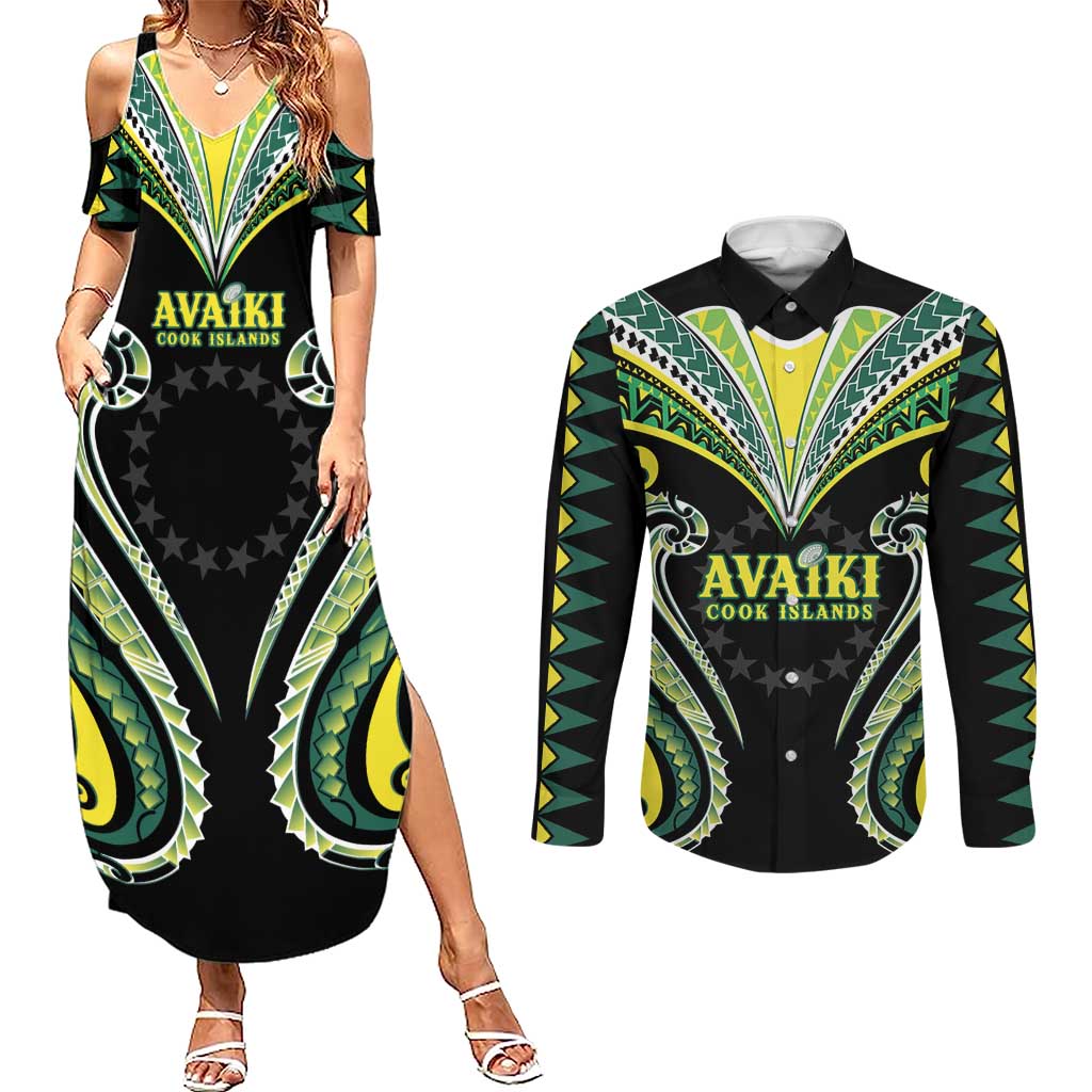 Custom Rugby Cook Islands Avaiki Couples Matching Summer Maxi Dress and Long Sleeve Button Shirt Black Kuki Airani Tribal Maori Inspired - Polynesian Pride