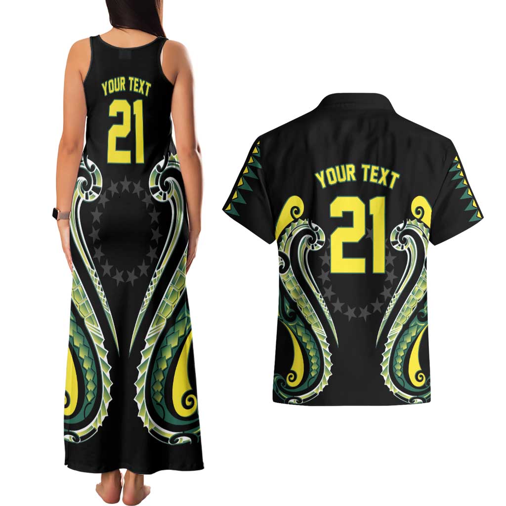 Custom Rugby Cook Islands Avaiki Couples Matching Tank Maxi Dress and Hawaiian Shirt Black Kuki Airani Tribal Maori Inspired - Polynesian Pride