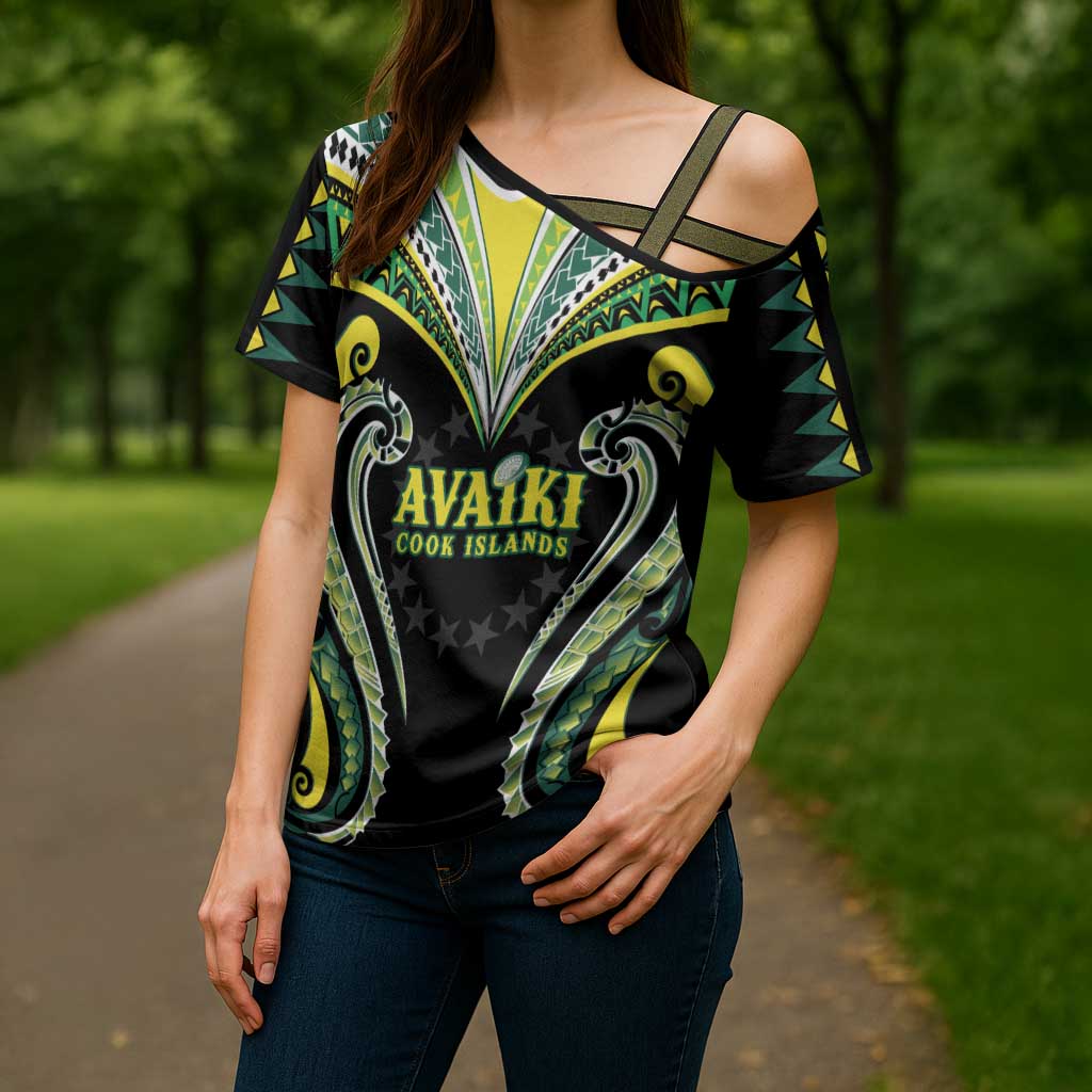 Custom Rugby Cook Islands Avaiki Cross Shoulder Shirt Black Kuki Airani Tribal Maori Inspired LT9 - Polynesian Pride