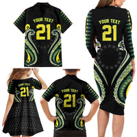 Custom Rugby Cook Islands Avaiki Family Matching Long Sleeve Bodycon Dress and Hawaiian Shirt Black Kuki Airani Tribal Maori Inspired - Polynesian Pride