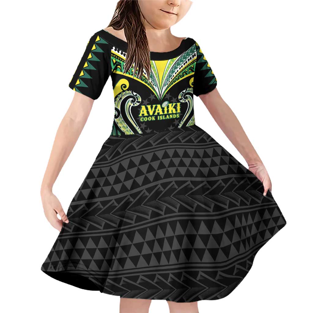 Custom Rugby Cook Islands Avaiki Family Matching Off Shoulder Short Dress and Hawaiian Shirt Black Kuki Airani Tribal Maori Inspired - Polynesian Pride