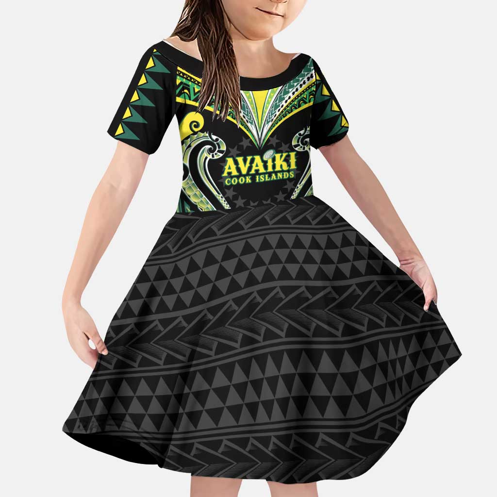 Custom Rugby Cook Islands Avaiki Family Matching Puletasi and Hawaiian Shirt Black Kuki Airani Tribal Maori Inspired LT9 Daughter's Dress Black - Polynesian Pride