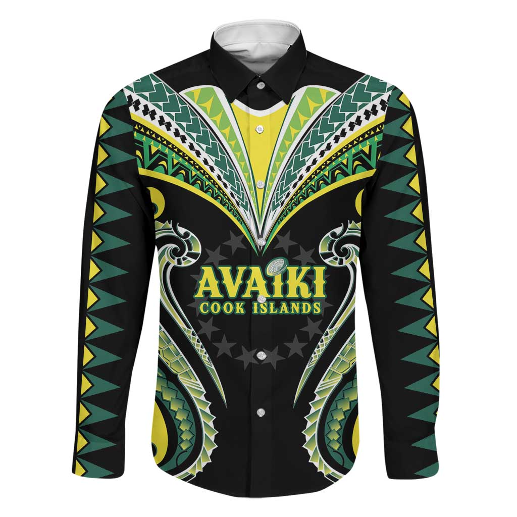 Custom Rugby Cook Islands Avaiki Family Matching Puletasi and Hawaiian Shirt Black Kuki Airani Tribal Maori Inspired LT9 Dad's Shirt - Long Sleeve Black - Polynesian Pride