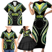 Custom Rugby Cook Islands Avaiki Family Matching Short Sleeve Bodycon Dress and Hawaiian Shirt Black Kuki Airani Tribal Maori Inspired - Polynesian Pride