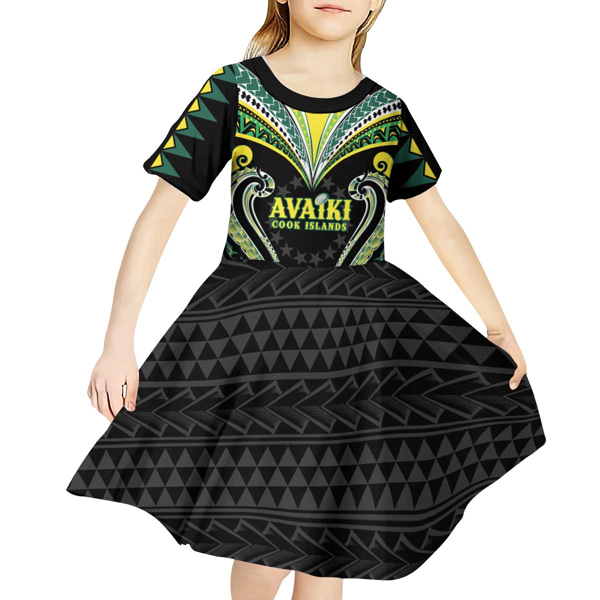Custom Rugby Cook Islands Avaiki Kid Short Sleeve Dress Black Kuki Airani Tribal Maori Inspired LT9 - Polynesian Pride
