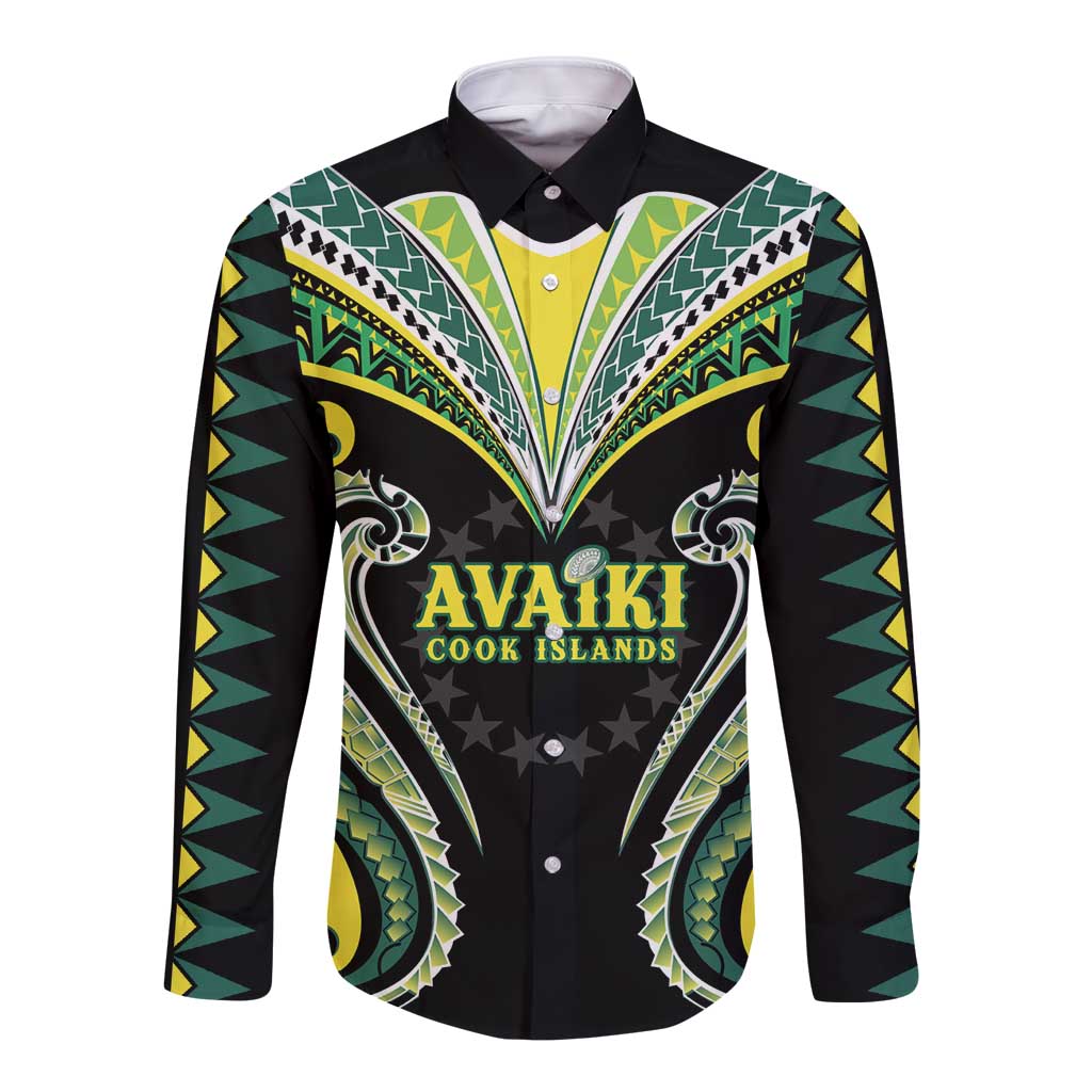 Custom Rugby Cook Islands Avaiki Long Sleeve Button Shirt Black Kuki Airani Tribal Maori Inspired LT9 Unisex Black - Polynesian Pride