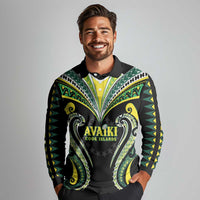Custom Rugby Cook Islands Avaiki Long Sleeve Polo Shirt Black Kuki Airani Tribal Maori Inspired - Polynesian Pride