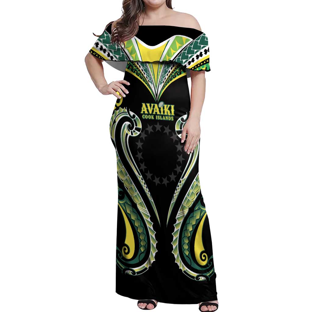 Custom Rugby Cook Islands Avaiki Off Shoulder Maxi Dress Black Kuki Airani Tribal Maori Inspired LT9 Women Black - Polynesian Pride