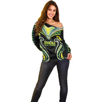 Custom Rugby Cook Islands Avaiki Off Shoulder Sweater Black Kuki Airani Tribal Maori Inspired LT9 - Polynesian Pride