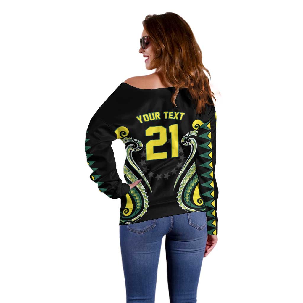 Custom Rugby Cook Islands Avaiki Off Shoulder Sweater Black Kuki Airani Tribal Maori Inspired LT9 - Polynesian Pride