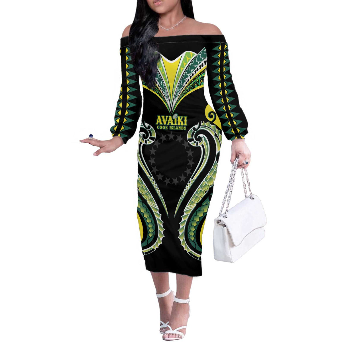 Custom Rugby Cook Islands Avaiki Off The Shoulder Long Sleeve Dress Black Kuki Airani Tribal Maori Inspired - Polynesian Pride