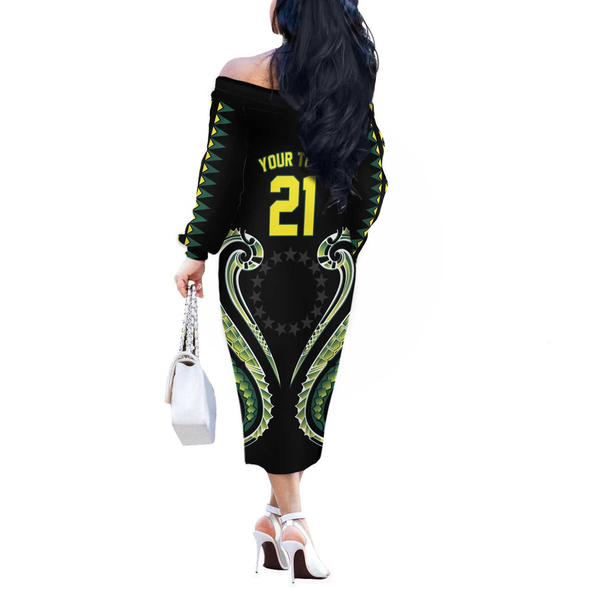 Custom Rugby Cook Islands Avaiki Off The Shoulder Long Sleeve Dress Black Kuki Airani Tribal Maori Inspired - Polynesian Pride