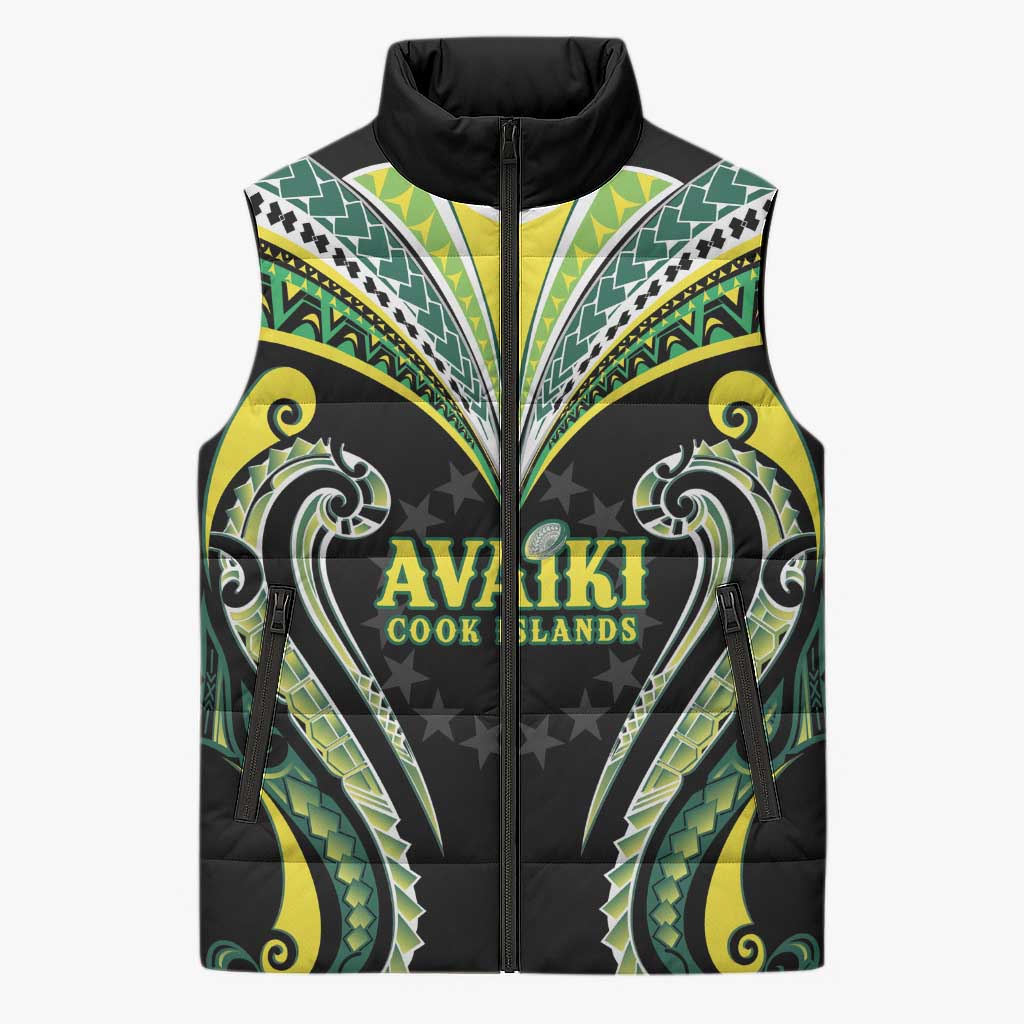 Custom Rugby Cook Islands Avaiki Sleeveless Puffer Jacket Black Kuki Airani Tribal Maori Inspired LT9 Unisex Black - Polynesian Pride