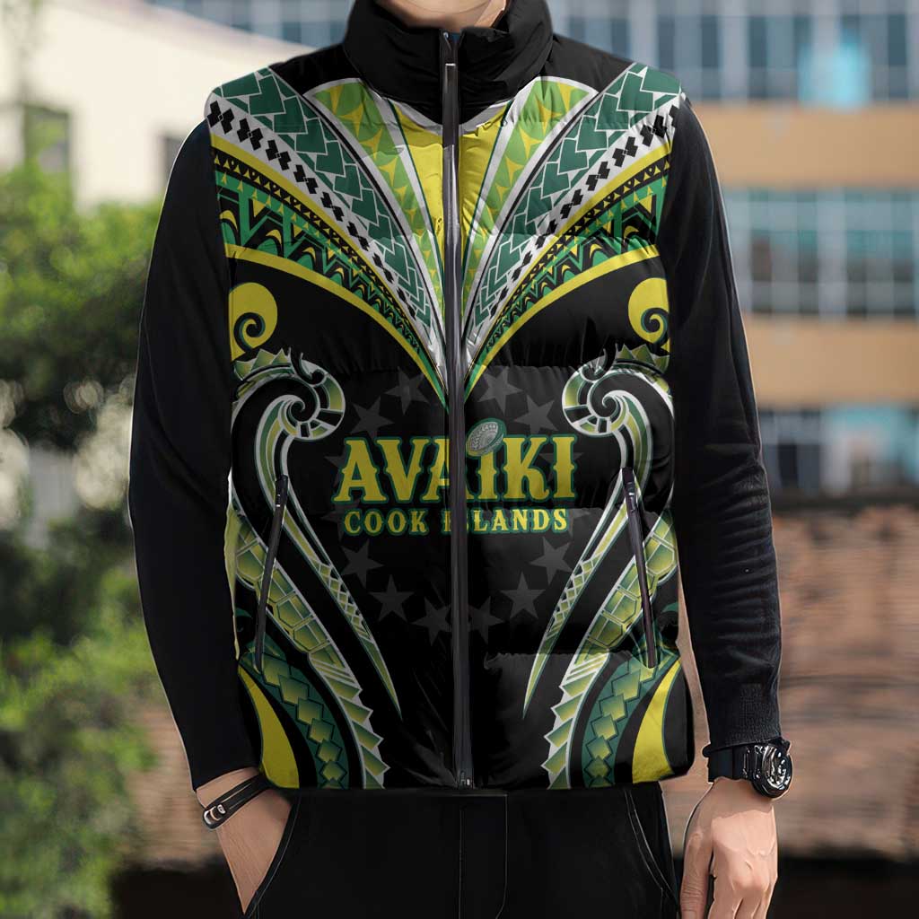Custom Rugby Cook Islands Avaiki Sleeveless Puffer Jacket Black Kuki Airani Tribal Maori Inspired LT9 - Polynesian Pride