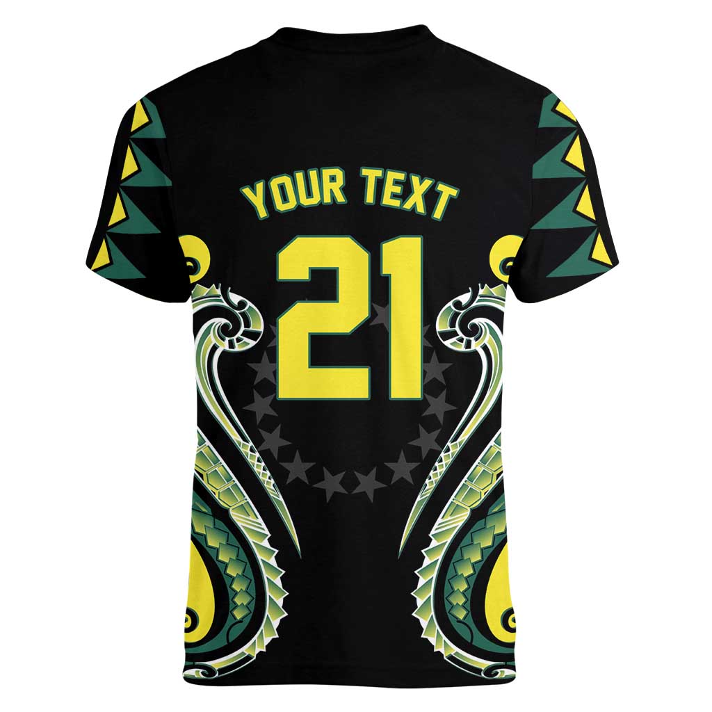Custom Rugby Cook Islands Avaiki Women V-Neck T-Shirt Black Kuki Airani Tribal Maori Inspired - Polynesian Pride