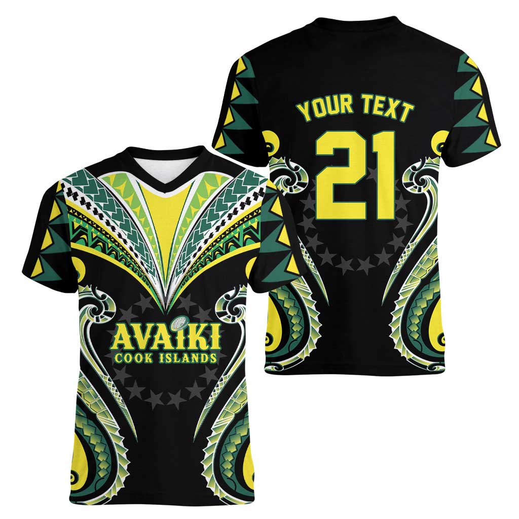 Custom Rugby Cook Islands Avaiki Women V-Neck T-Shirt Black Kuki Airani Tribal Maori Inspired - Polynesian Pride
