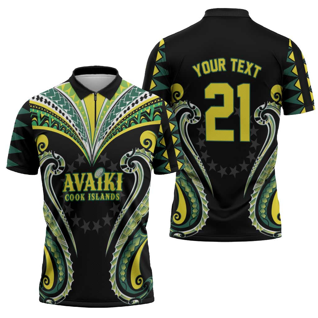 Custom Rugby Cook Islands Avaiki Zipper Polo Shirt Black Kuki Airani Tribal Maori Inspired - Polynesian Pride