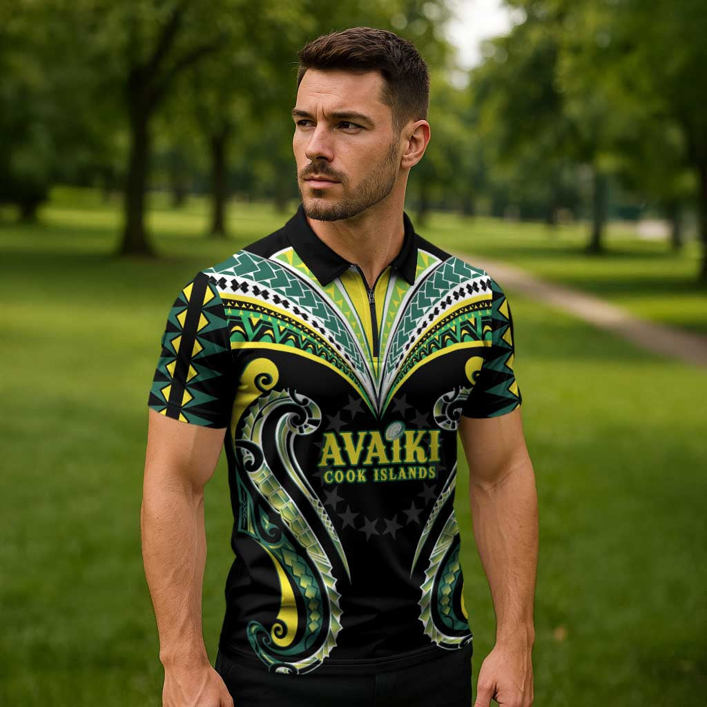 Custom Rugby Cook Islands Avaiki Zipper Polo Shirt Black Kuki Airani Tribal Maori Inspired - Polynesian Pride