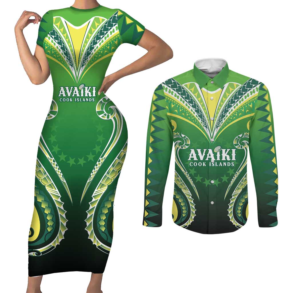 Custom Rugby Cook Islands Avaiki Couples Matching Short Sleeve Bodycon Dress and Long Sleeve Button Shirt Green Kuki Airani Tribal Maori Inspired LT9 Green - Polynesian Pride