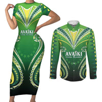 Custom Rugby Cook Islands Avaiki Couples Matching Short Sleeve Bodycon Dress and Long Sleeve Button Shirt Green Kuki Airani Tribal Maori Inspired LT9 Green - Polynesian Pride