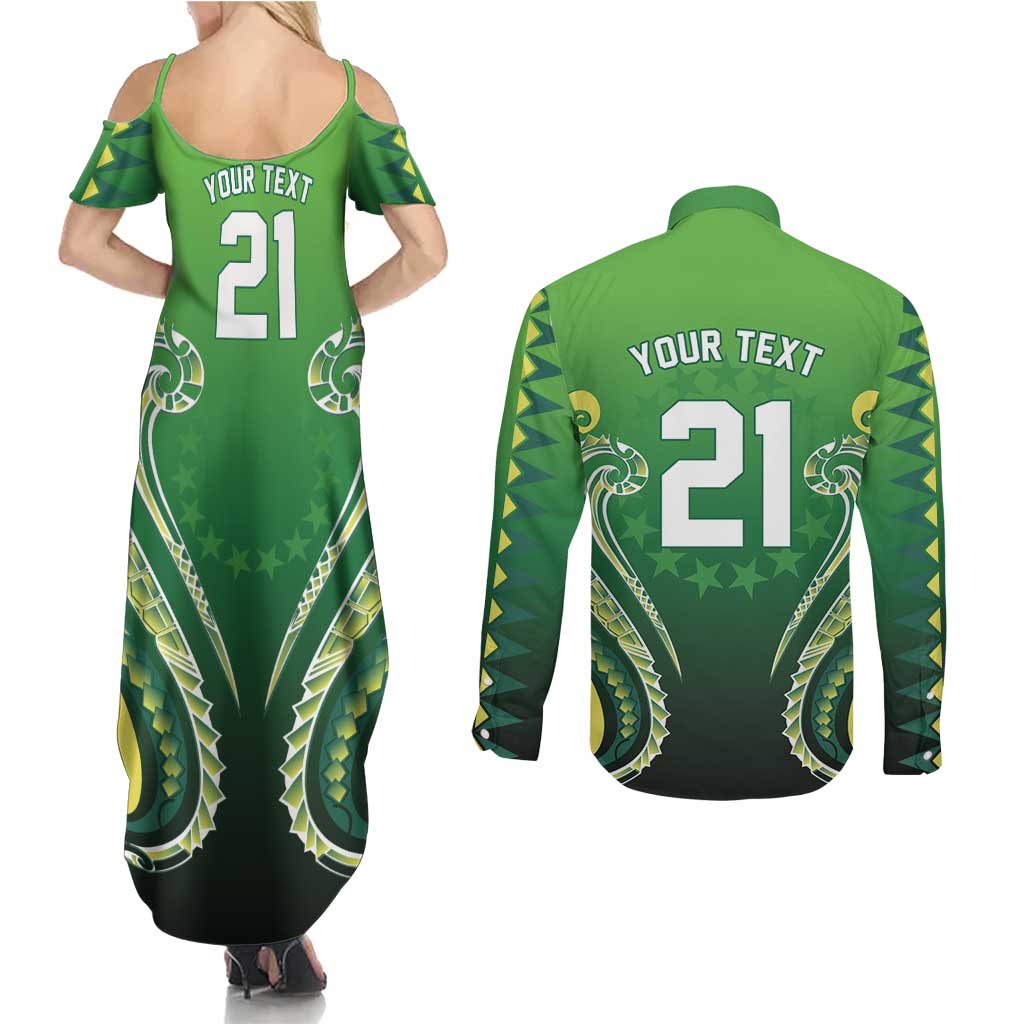 Custom Rugby Cook Islands Avaiki Couples Matching Summer Maxi Dress and Long Sleeve Button Shirt Green Kuki Airani Tribal Maori Inspired - Polynesian Pride