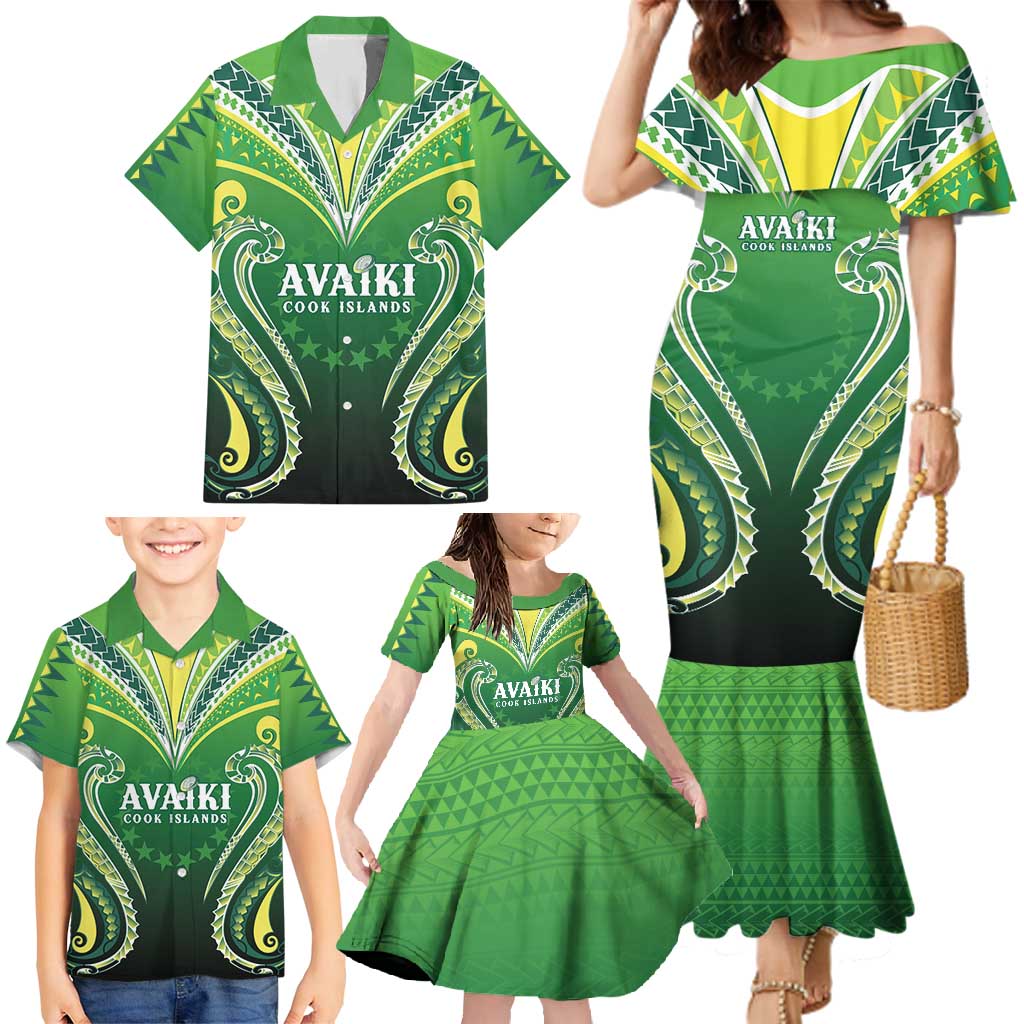 Custom Rugby Cook Islands Avaiki Family Matching Mermaid Dress and Hawaiian Shirt Green Kuki Airani Tribal Maori Inspired - Polynesian Pride