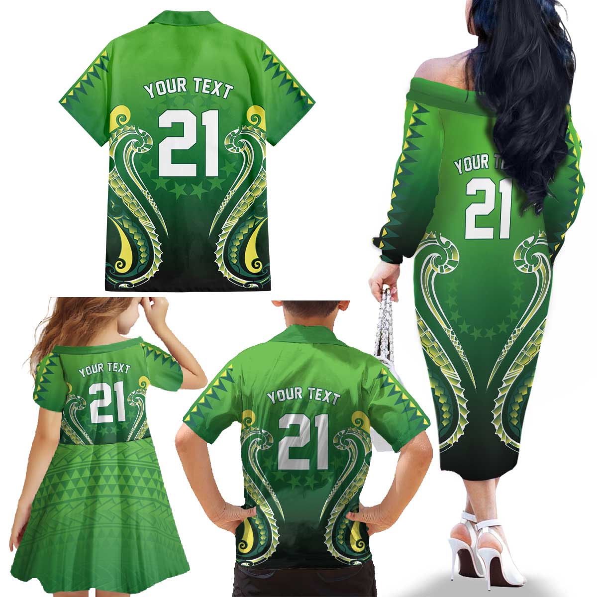 Custom Rugby Cook Islands Avaiki Family Matching Off The Shoulder Long Sleeve Dress and Hawaiian Shirt Green Kuki Airani Tribal Maori Inspired - Polynesian Pride