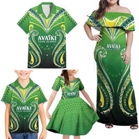 Custom Rugby Cook Islands Avaiki Family Matching Off Shoulder Maxi Dress and Hawaiian Shirt Green Kuki Airani Tribal Maori Inspired - Polynesian Pride