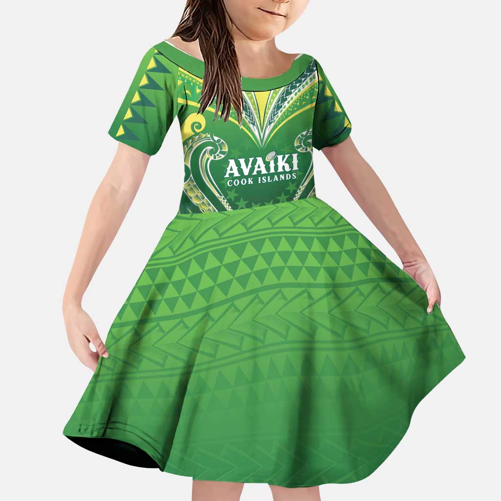 Custom Rugby Cook Islands Avaiki Family Matching Puletasi and Hawaiian Shirt Green Kuki Airani Tribal Maori Inspired LT9 Daughter's Dress Green - Polynesian Pride