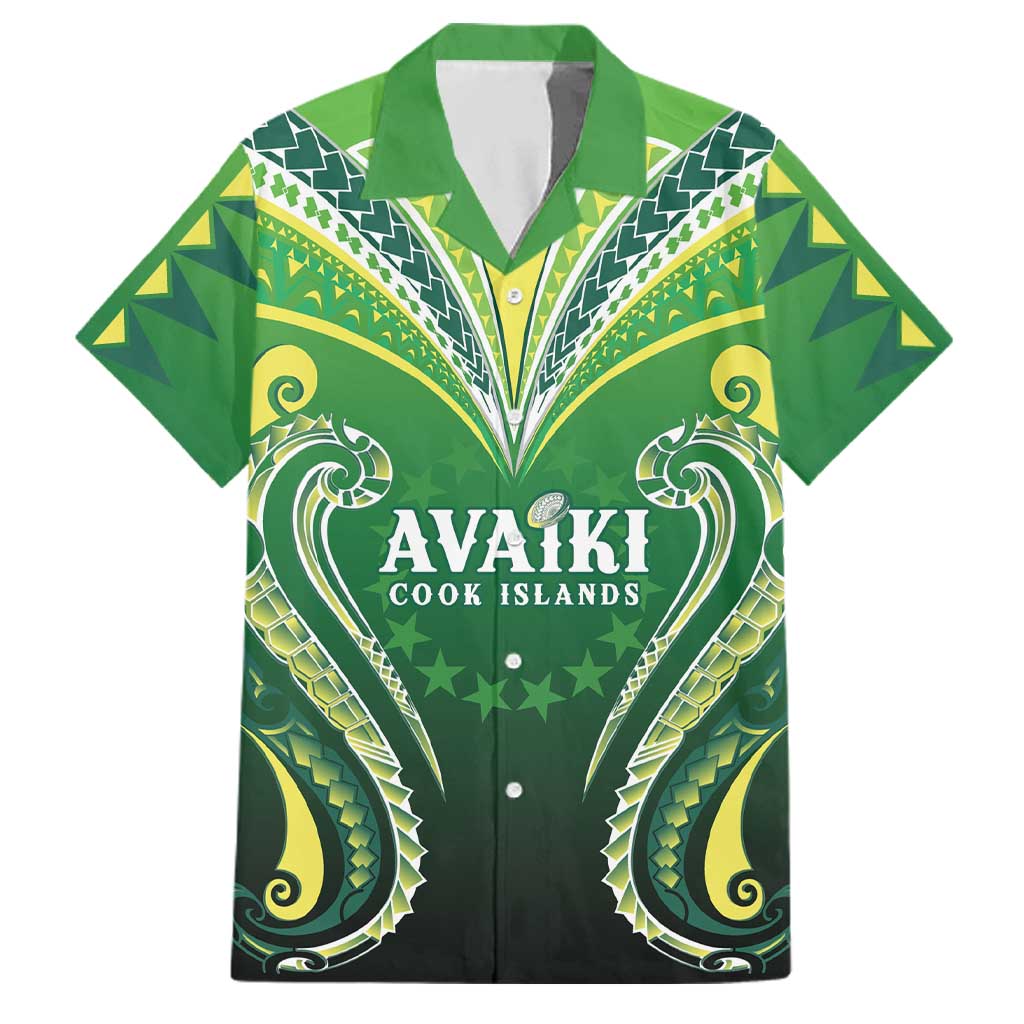 Custom Rugby Cook Islands Avaiki Family Matching Puletasi and Hawaiian Shirt Green Kuki Airani Tribal Maori Inspired LT9 Dad's Shirt - Short Sleeve Green - Polynesian Pride