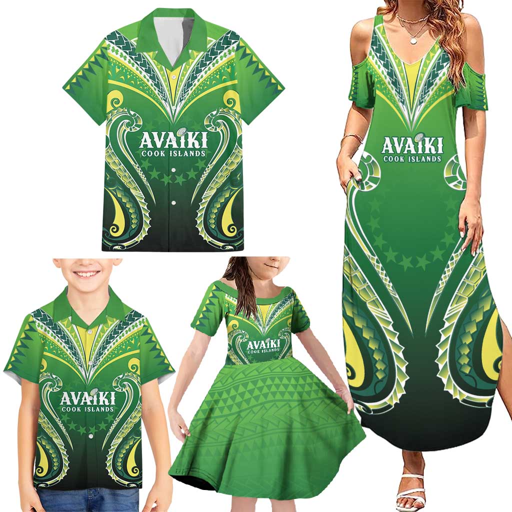 Custom Rugby Cook Islands Avaiki Family Matching Summer Maxi Dress and Hawaiian Shirt Green Kuki Airani Tribal Maori Inspired - Polynesian Pride