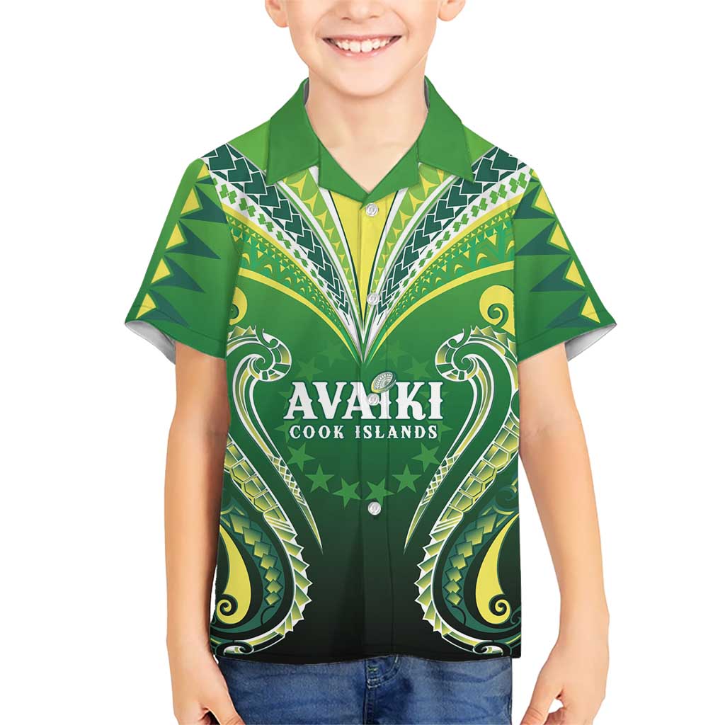 Custom Rugby Cook Islands Avaiki Kid Hawaiian Shirt Green Kuki Airani Tribal Maori Inspired LT9 Kid Green - Polynesian Pride