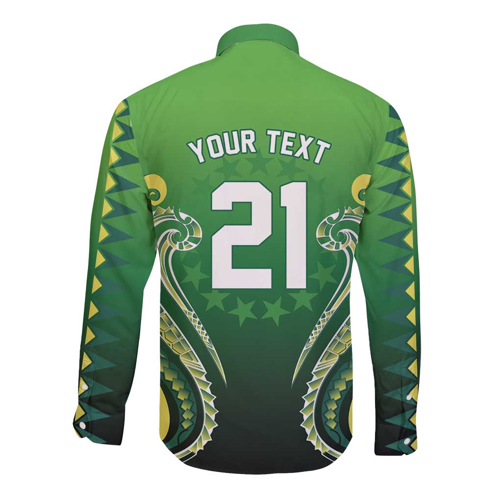 Custom Rugby Cook Islands Avaiki Long Sleeve Button Shirt Green Kuki Airani Tribal Maori Inspired LT9 - Polynesian Pride