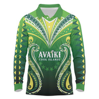 Custom Rugby Cook Islands Avaiki Long Sleeve Polo Shirt Green Kuki Airani Tribal Maori Inspired - Polynesian Pride