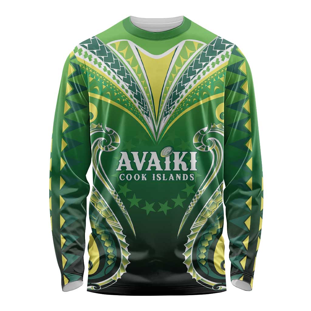 Custom Rugby Cook Islands Avaiki Long Sleeve Shirt Green Kuki Airani Tribal Maori Inspired LT9 Unisex Green - Polynesian Pride