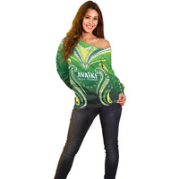 Custom Rugby Cook Islands Avaiki Off Shoulder Sweater Green Kuki Airani Tribal Maori Inspired LT9 - Polynesian Pride