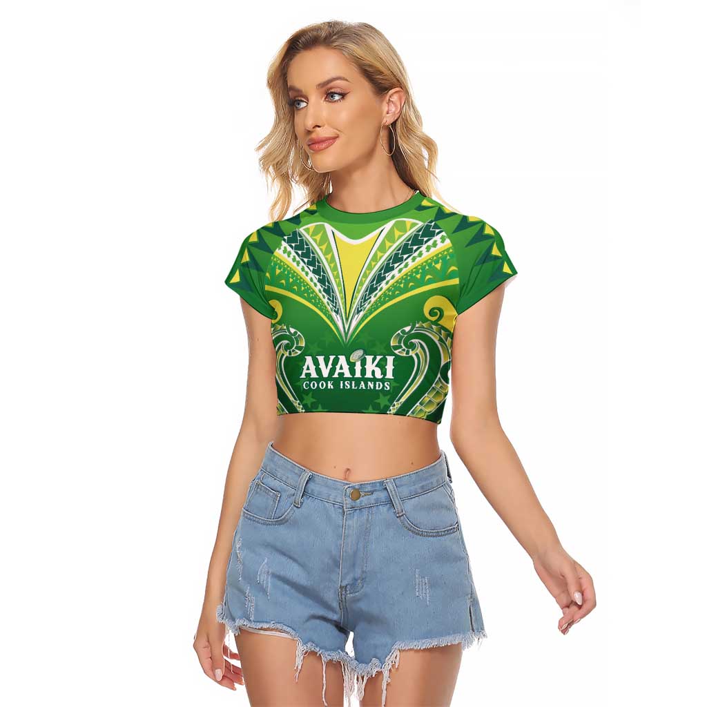 Custom Rugby Cook Islands Avaiki Raglan Cropped T Shirt Green Kuki Airani Tribal Maori Inspired - Polynesian Pride