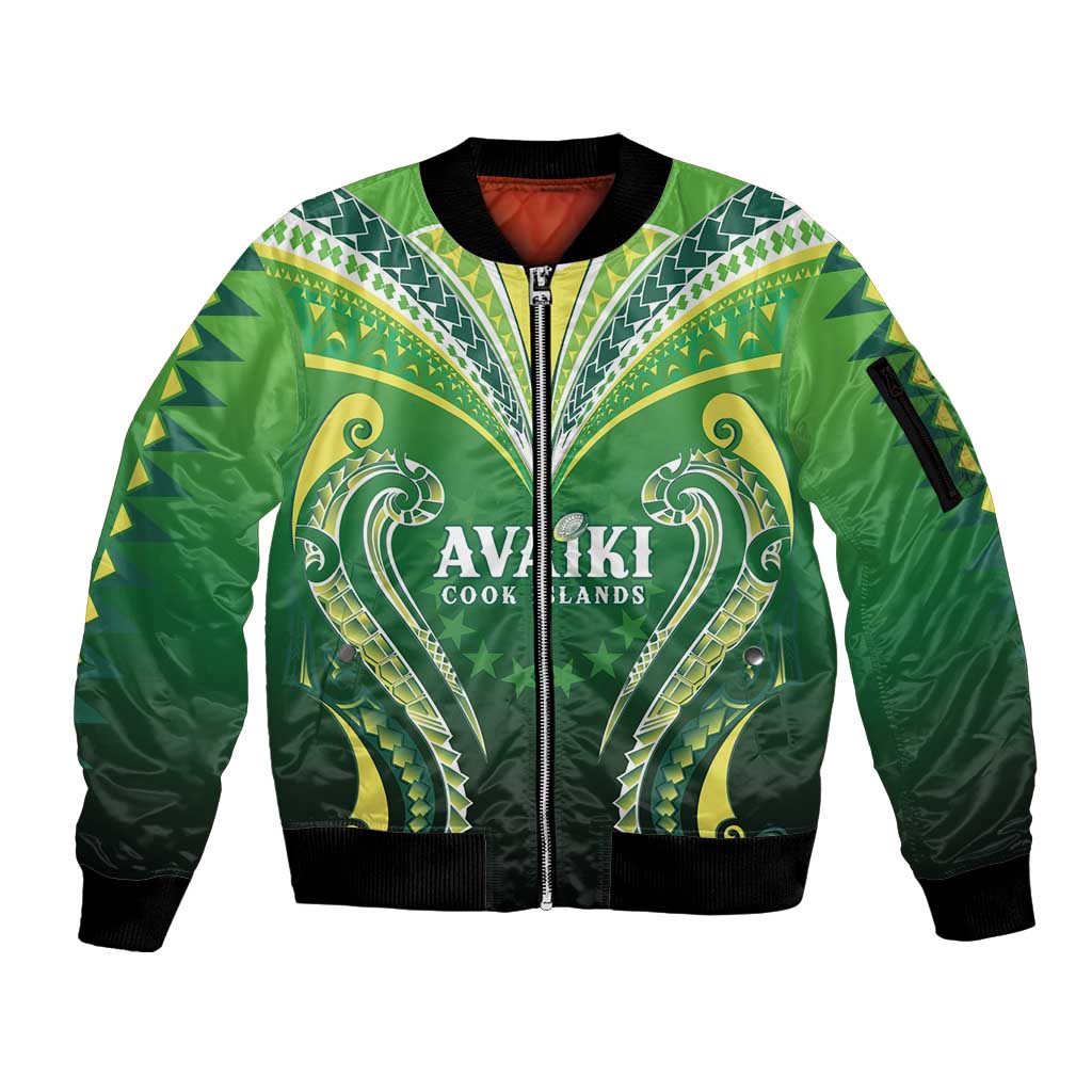 Custom Rugby Cook Islands Avaiki Sleeve Zip Bomber Jacket Green Kuki Airani Tribal Maori Inspired LT9 Unisex Green - Polynesian Pride