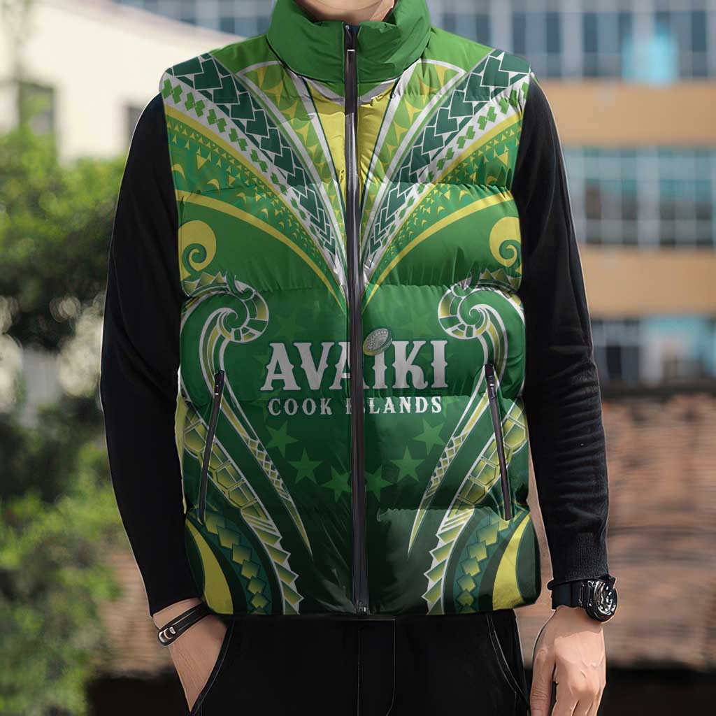 Custom Rugby Cook Islands Avaiki Sleeveless Puffer Jacket Green Kuki Airani Tribal Maori Inspired LT9 - Polynesian Pride