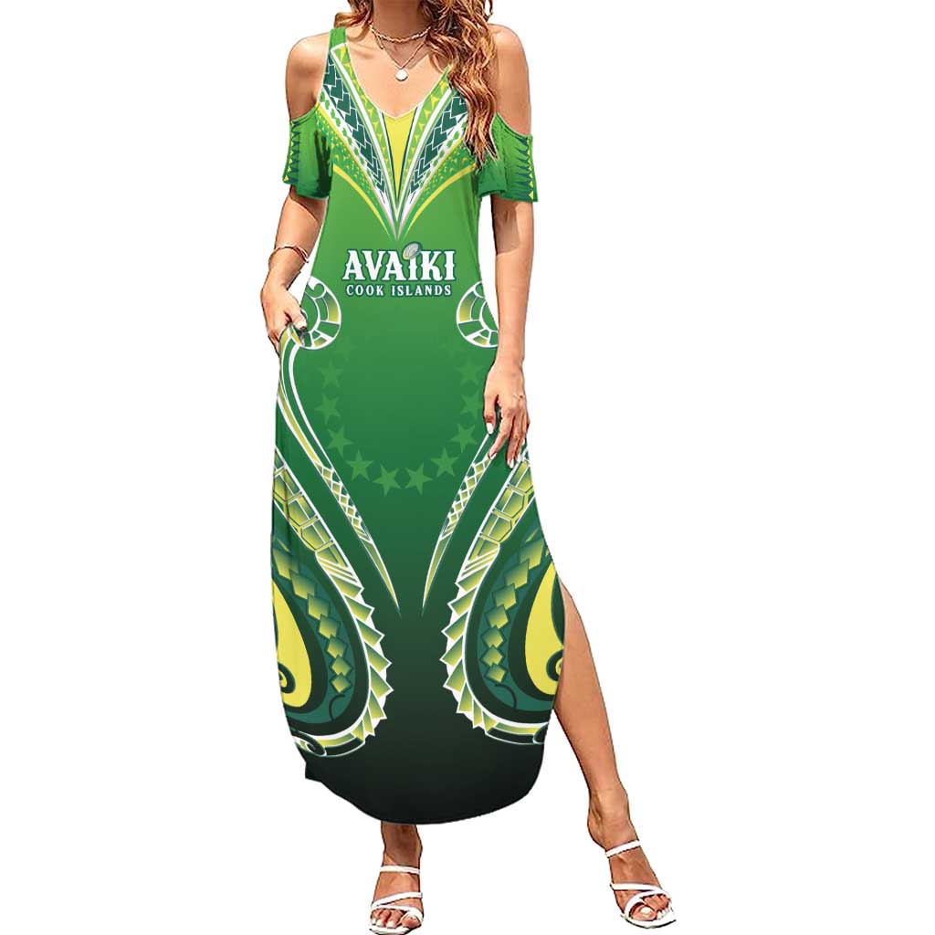 Custom Rugby Cook Islands Avaiki Summer Maxi Dress Green Kuki Airani Tribal Maori Inspired - Polynesian Pride