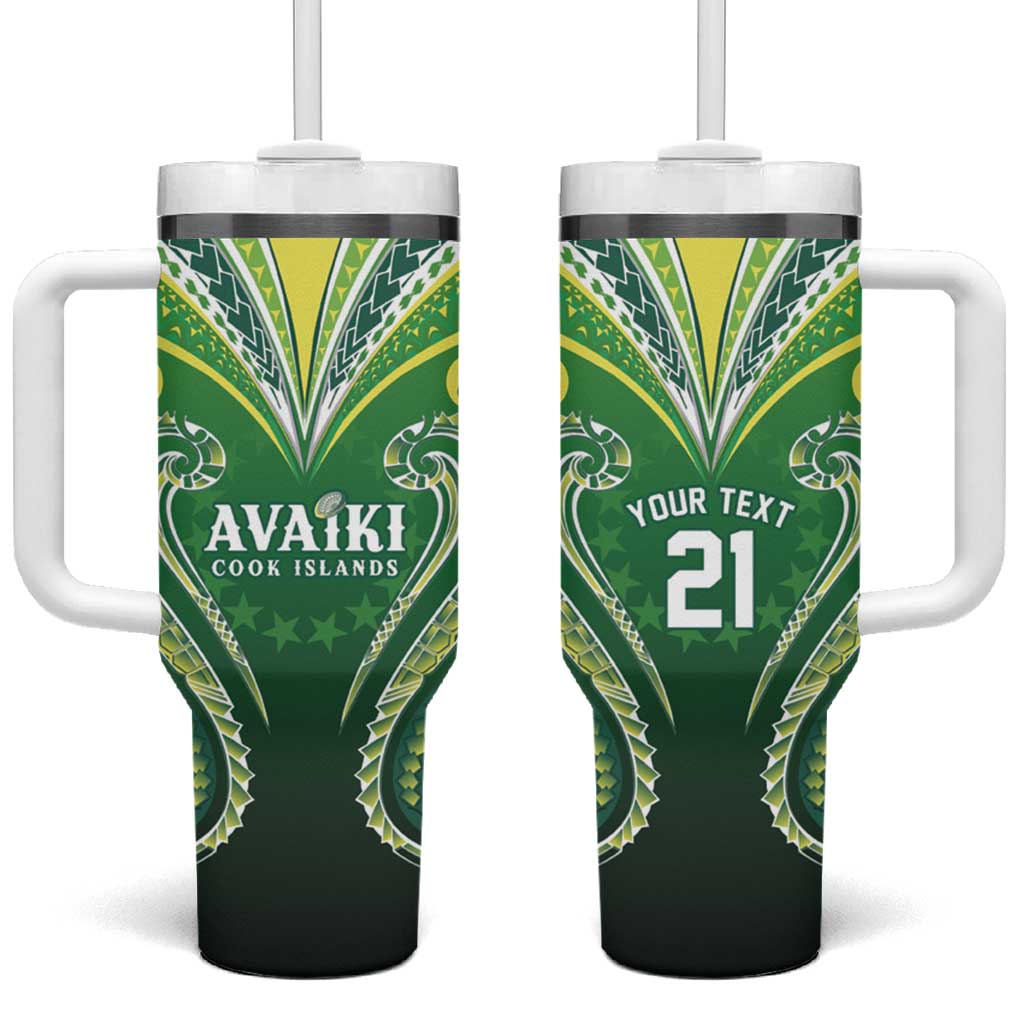 Custom Rugby Cook Islands Avaiki Tumbler With Handle Green Kuki Airani Tribal Maori Inspired LT9 One Size: 40 oz Green - Polynesian Pride