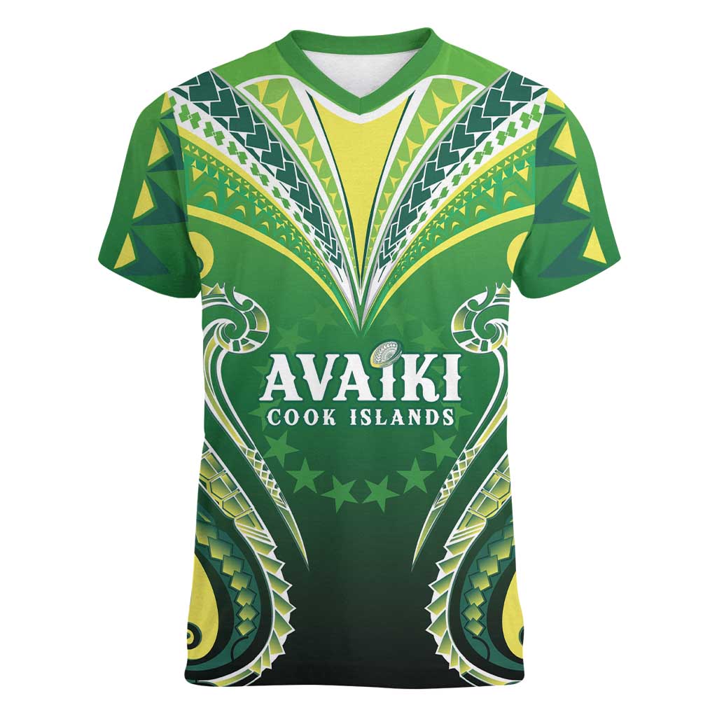 Custom Rugby Cook Islands Avaiki Women V-Neck T-Shirt Green Kuki Airani Tribal Maori Inspired LT9 Female Green - Polynesian Pride