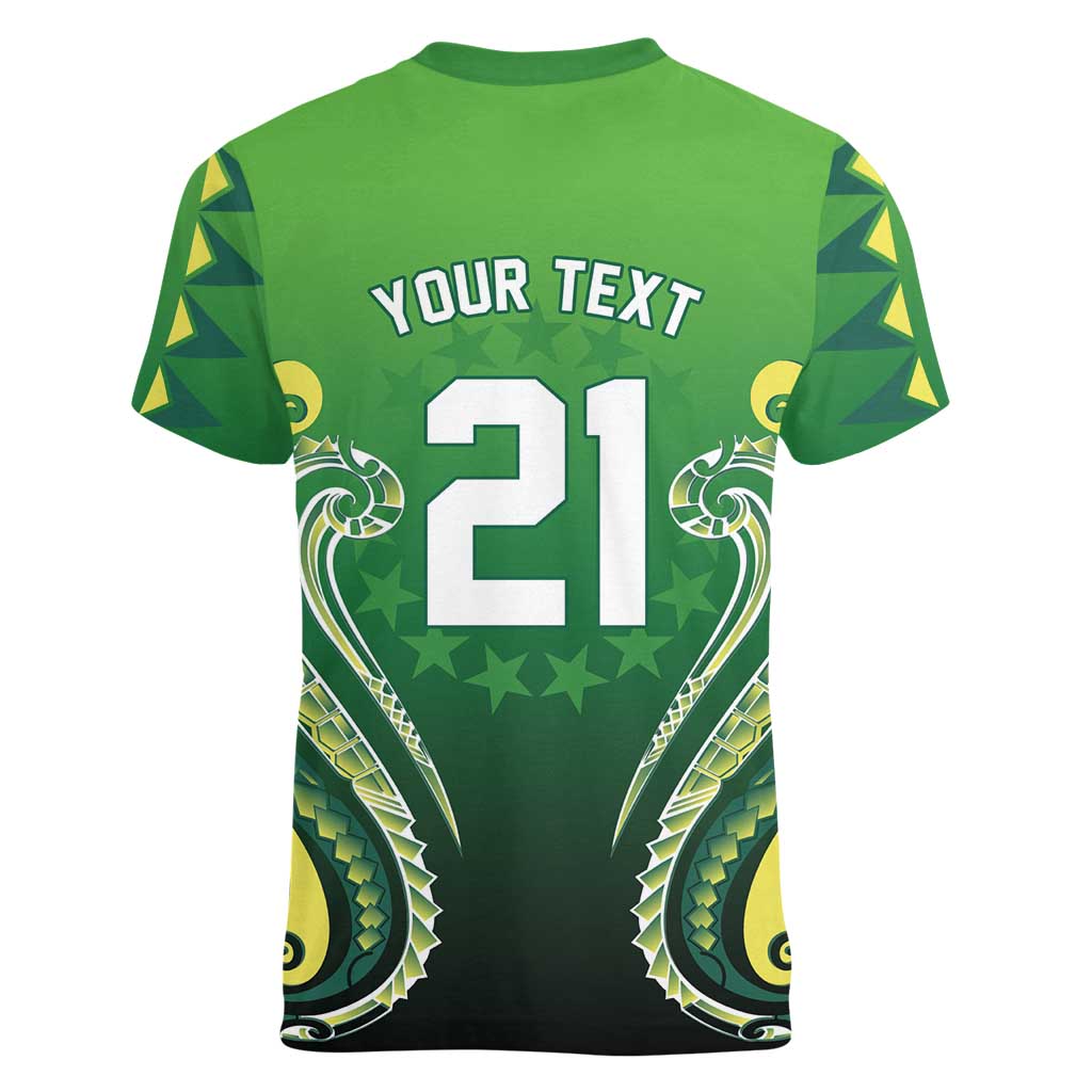 Custom Rugby Cook Islands Avaiki Women V-Neck T-Shirt Green Kuki Airani Tribal Maori Inspired LT9 - Polynesian Pride