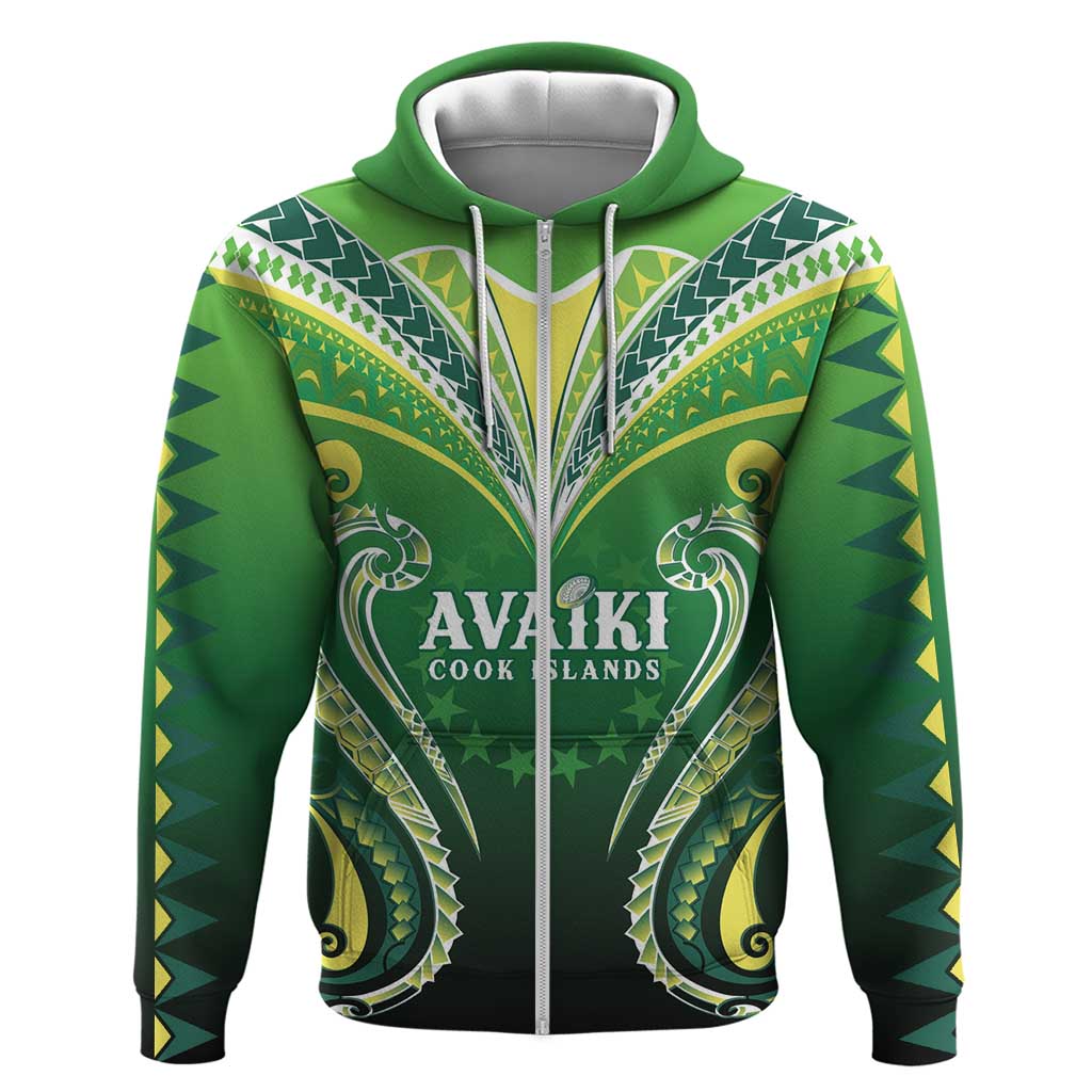 Custom Rugby Cook Islands Avaiki Zip Hoodie Green Kuki Airani Tribal Maori Inspired LT9 Zip Hoodie Green - Polynesian Pride