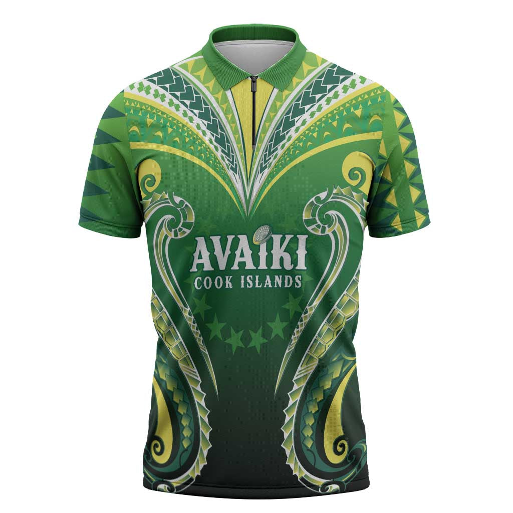 Custom Rugby Cook Islands Avaiki Zipper Polo Shirt Green Kuki Airani Tribal Maori Inspired - Polynesian Pride