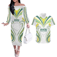Custom Rugby Cook Islands Avaiki Couples Matching Off The Shoulder Long Sleeve Dress and Hawaiian Shirt White Kuki Airani Tribal Maori Inspired - Polynesian Pride