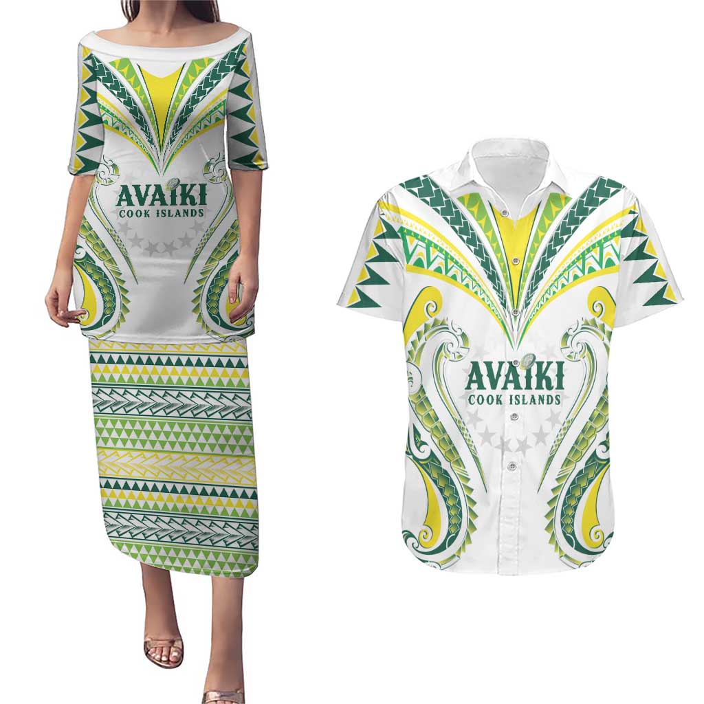 Custom Rugby Cook Islands Avaiki Couples Matching Puletasi and Hawaiian Shirt White Kuki Airani Tribal Maori Inspired LT9 White - Polynesian Pride