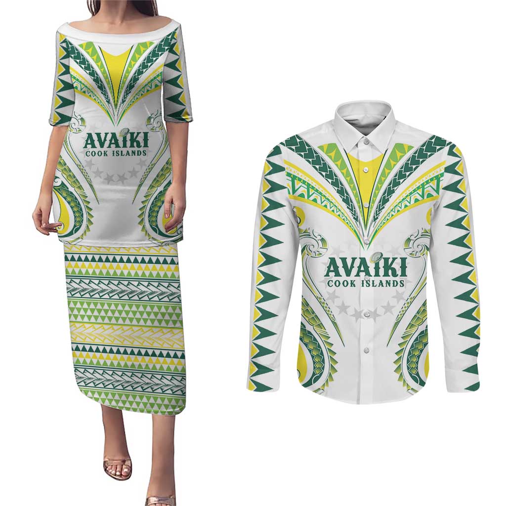 Custom Rugby Cook Islands Avaiki Couples Matching Puletasi and Long Sleeve Button Shirt White Kuki Airani Tribal Maori Inspired LT9 White - Polynesian Pride