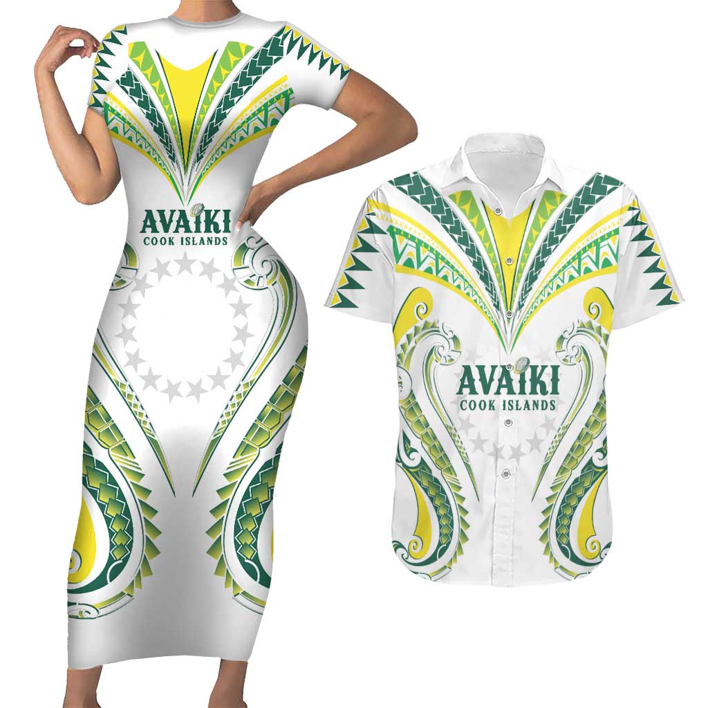 Custom Rugby Cook Islands Avaiki Couples Matching Short Sleeve Bodycon Dress and Hawaiian Shirt White Kuki Airani Tribal Maori Inspired - Polynesian Pride